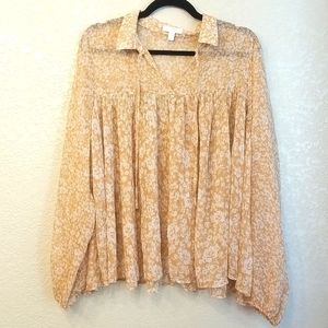 Floral tan white loose flowy 70s boho top xl